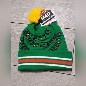 MAD Engine Green Light Up Beanie With Christmas Tree Design with Yellow Pom Pom